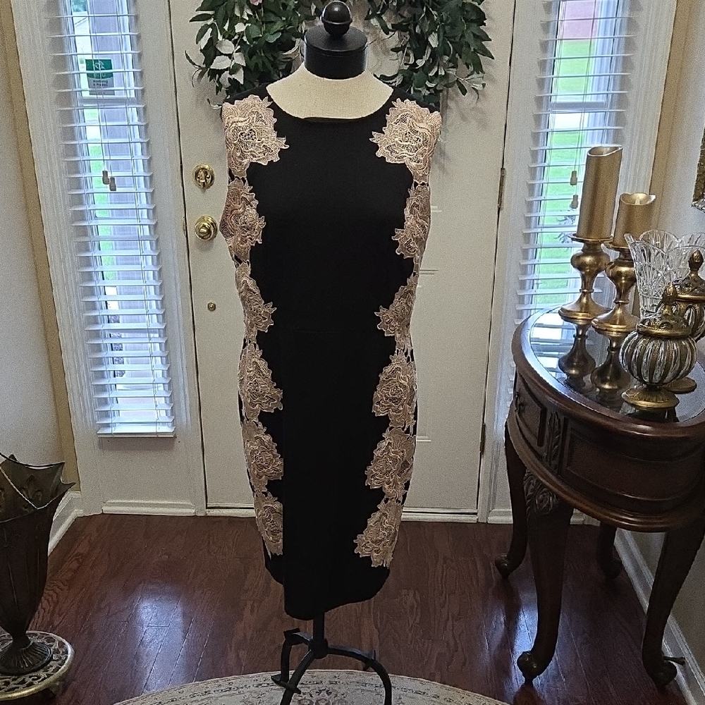 Fifth Park Elegant Black Cream Lace Dress Sleeveless Round Neck Stretcj Lined 14